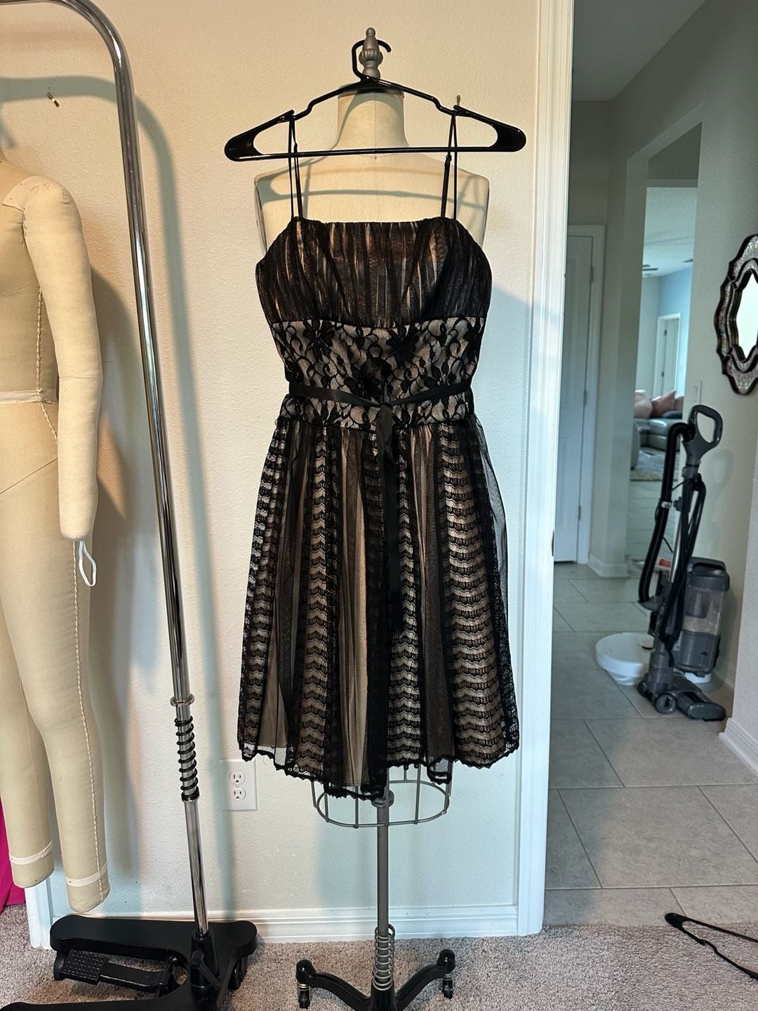 OC by OC Black Lace Overlay A-Line Mini Dress with Satin Ribbon Belt