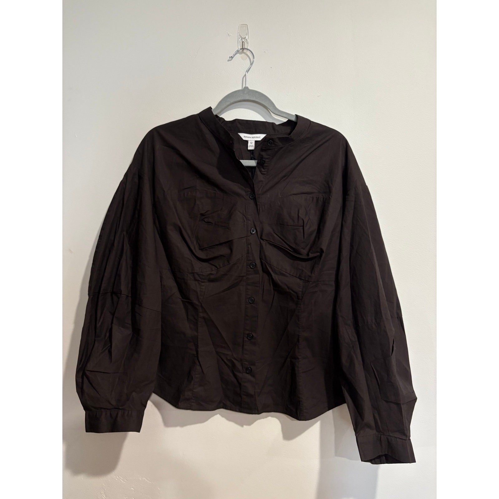 NWT Banana Republic Cotton Poplin Balloon-Sleeve Shirt Ganache Brown Womens 12