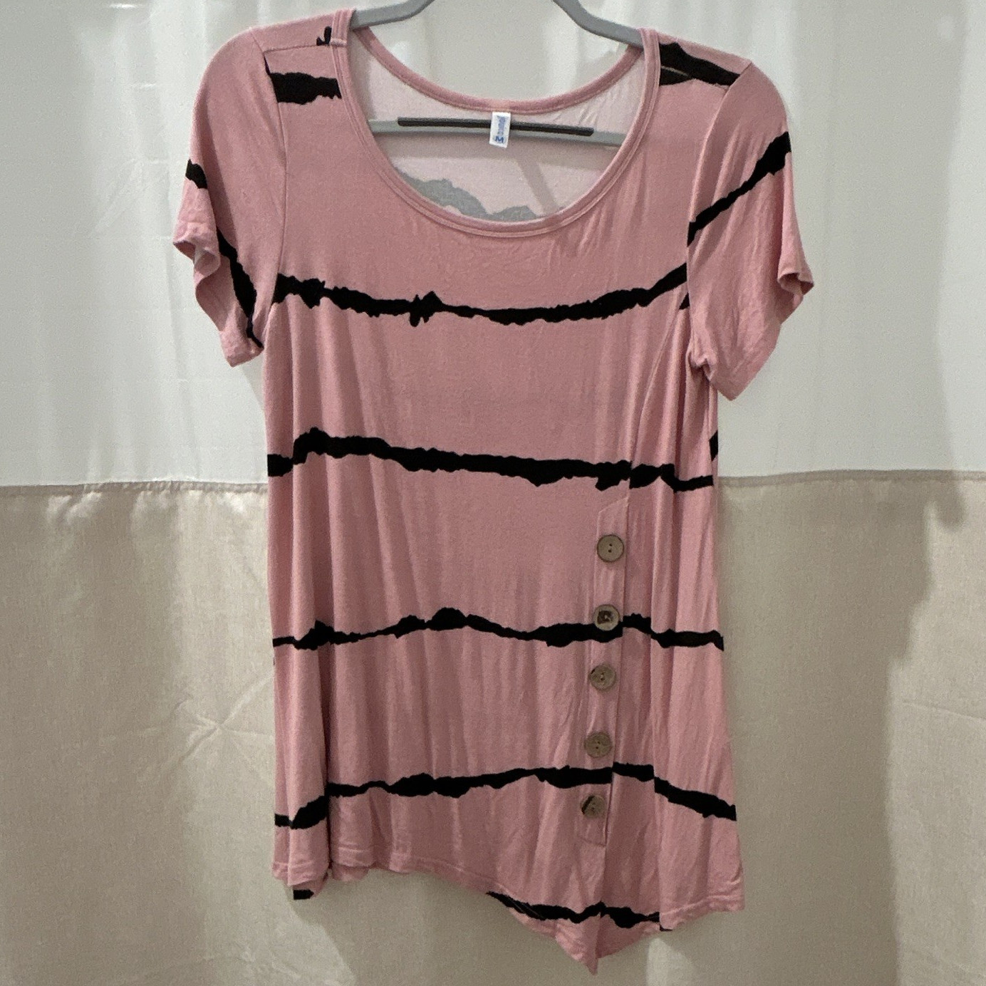 Jouica Women’s Pink/Black Striped Button Accent Scoop Neck T-Shirt, M