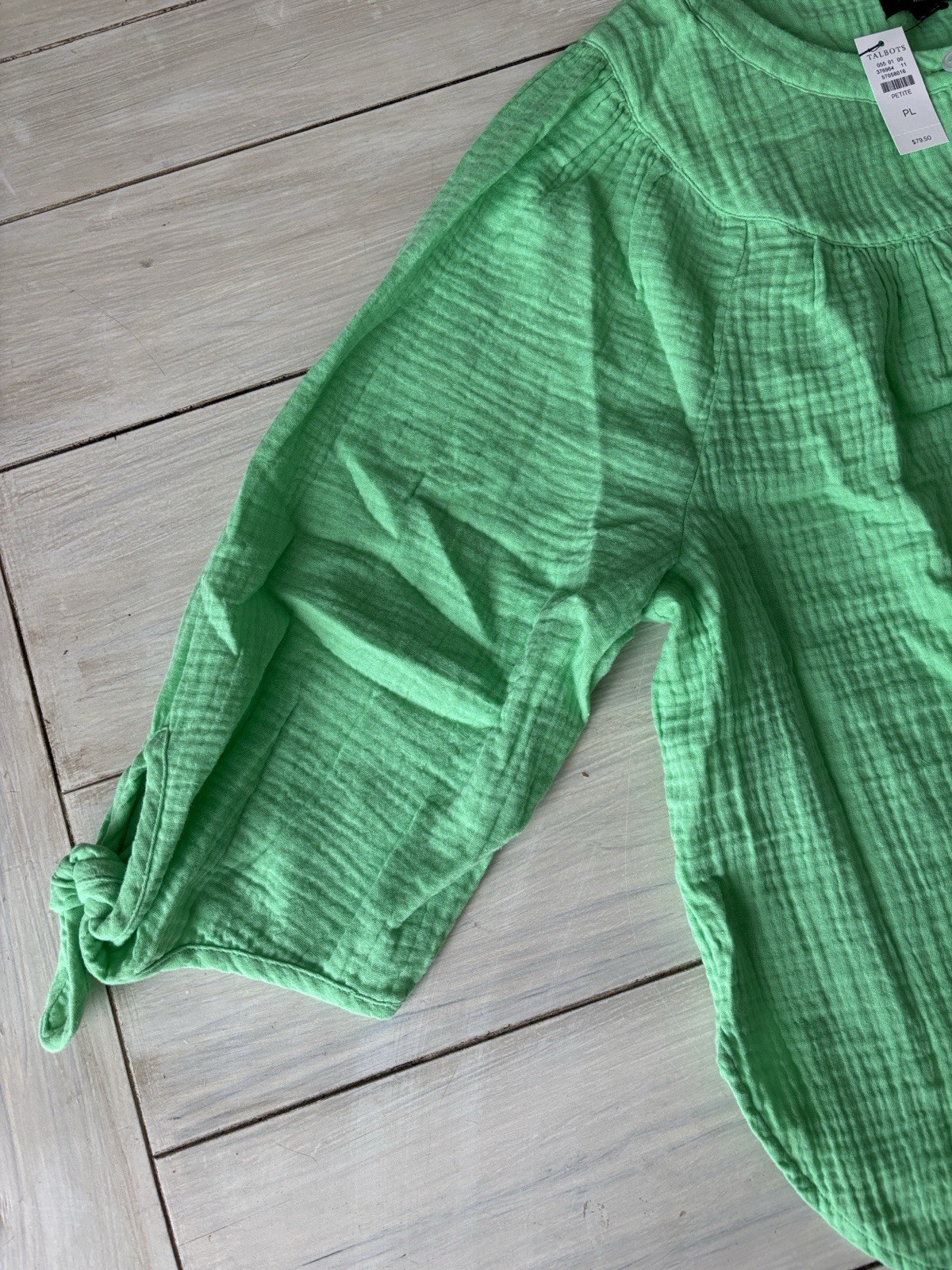 Talbots Petite NWT Green 100% Cotton Crinkly Gauze Blouse PL