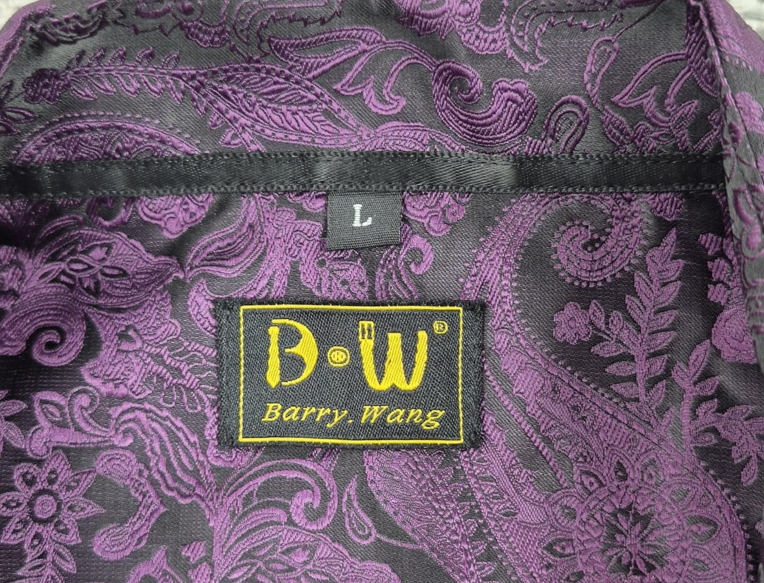 Barry Wang Button Up Shirt Mens Large Purple Paisley Short Sleeve Satin Party
