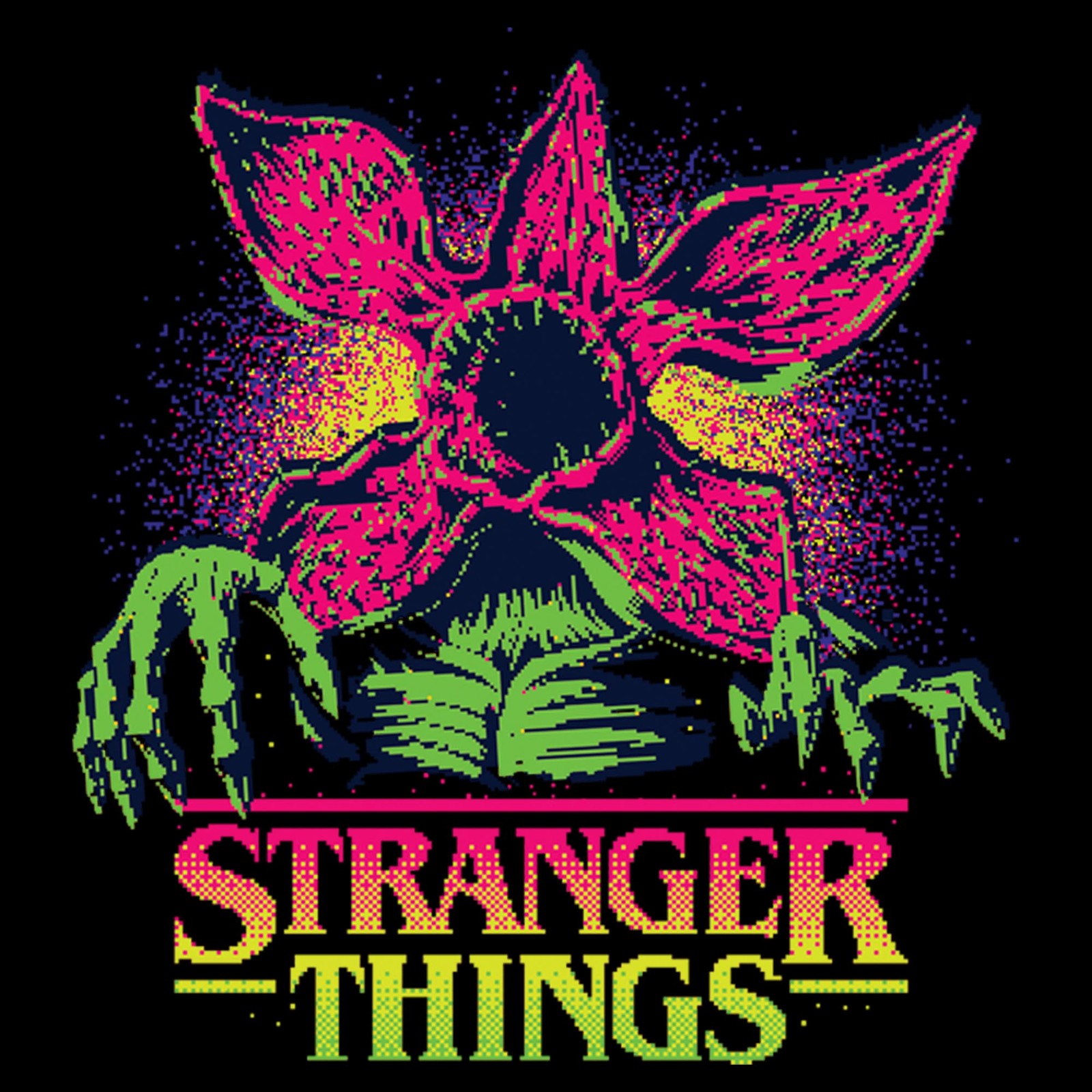Junior’s Stranger Things Demogorgon Neon Pixel Logo T-Shirt