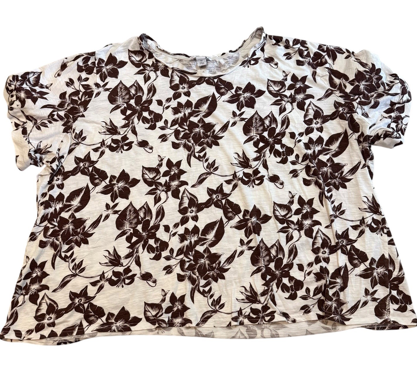 Liz Claiborne Women’s Plus Size 4X Floral Tie Sleeve Top White Brown Cottagecore
