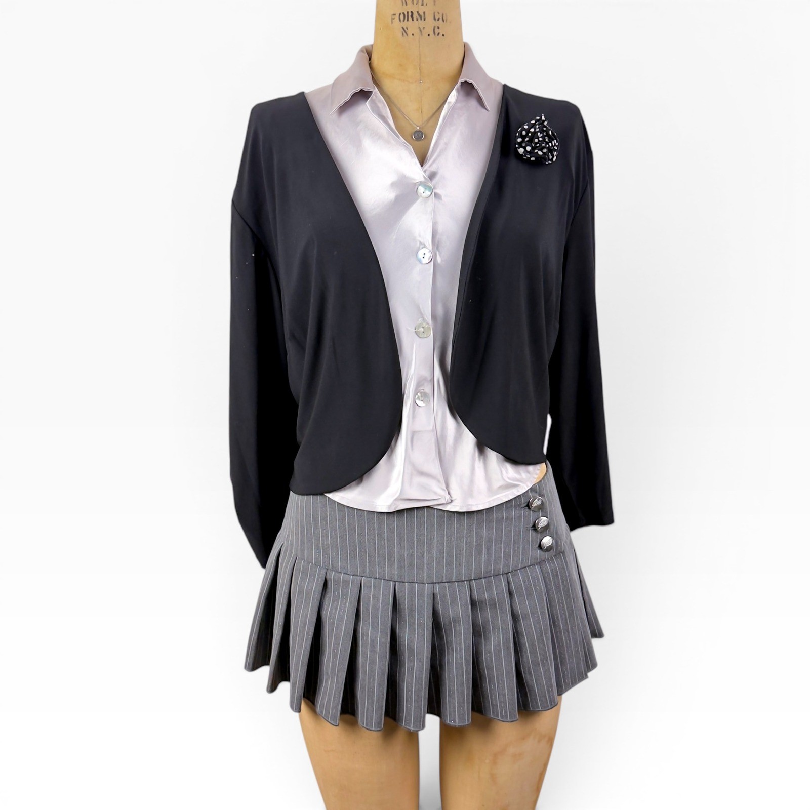 Y2K Rosette Brooch Bolero Shrug Polka Dot Open 3/4 Sleeve Dark Romantic Size L