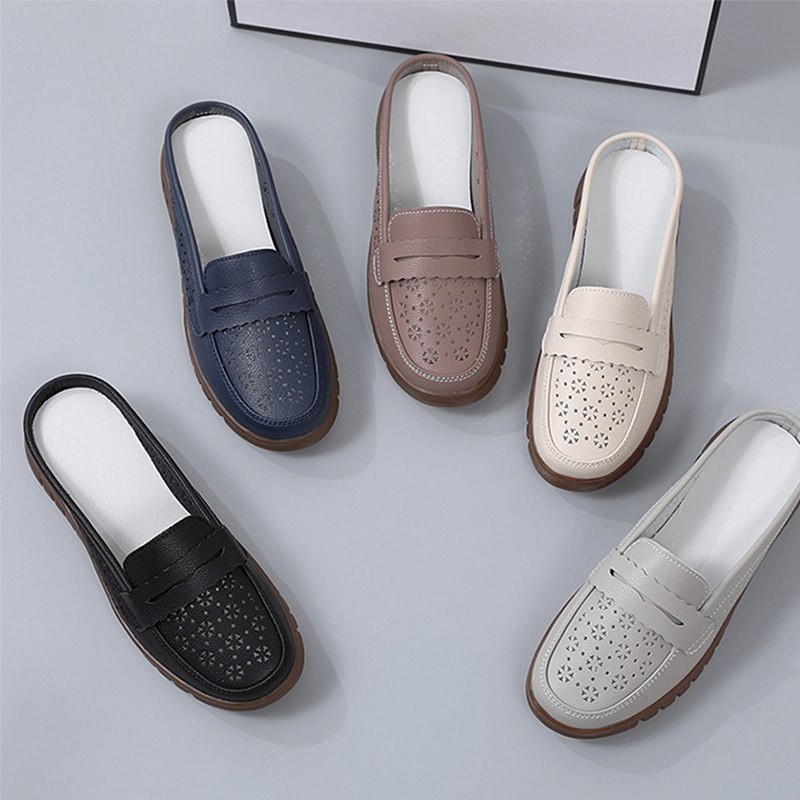 Mom Shoes Wear Beef Summer Hollowed Genuine Leather Box Slippers Women’s Outer