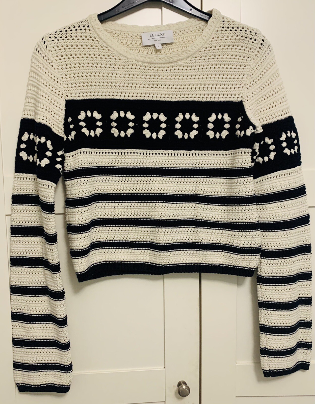 La Ligne Jumper Sweater Cotton Crochet White With Navy Stripes Size S Great Cond