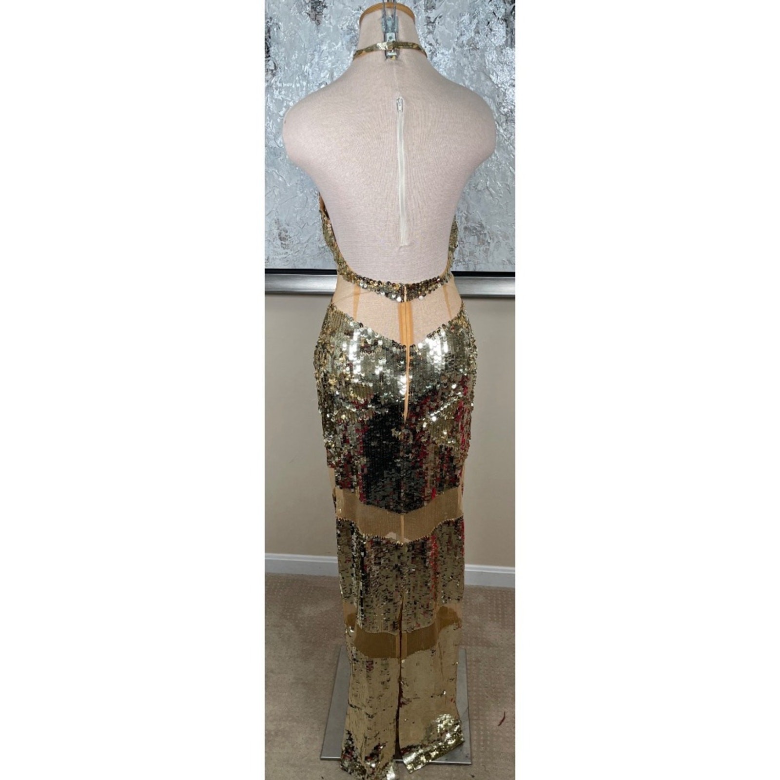 RETROFETE Kaeli Sequin Embellished Sheer Gold Maxi Dress Size Small