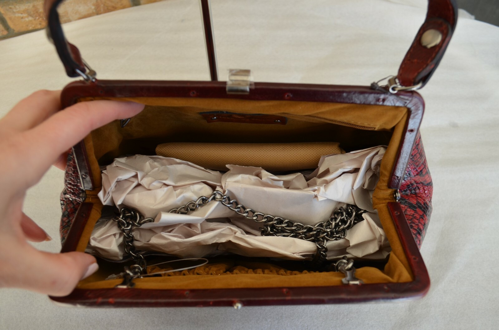 NWT $199 Patricia Nash Berry Red Leather Italian Python Bonifati Framed Satchel