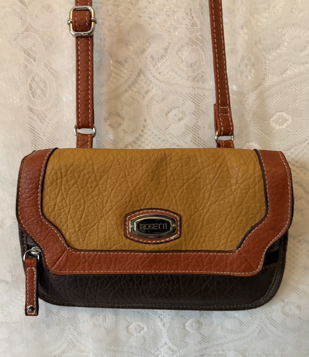 Rosetti Crossbody Bag 3 Tone Brown Faux Leather Pockets Card Slots Snaps Zip EUC