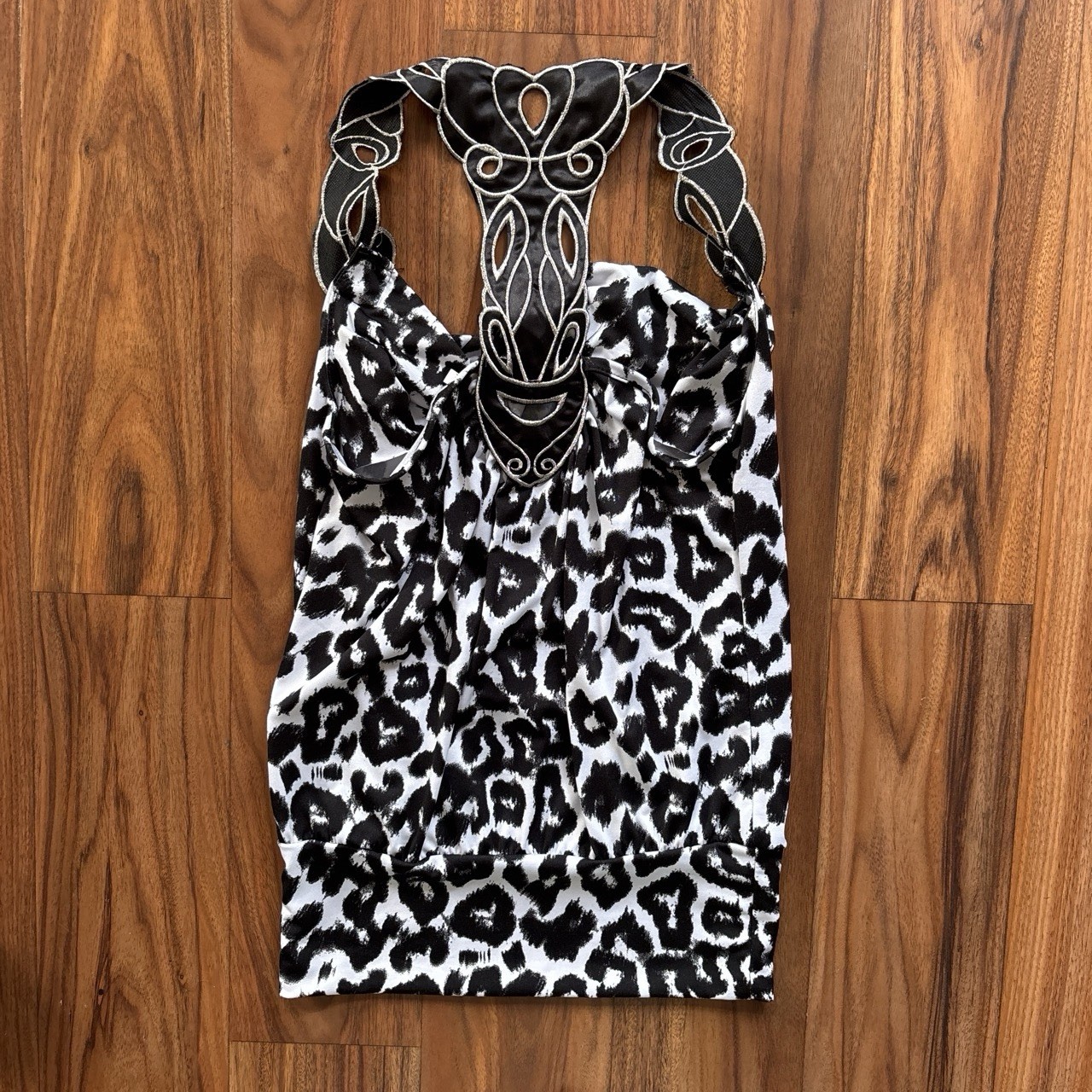 Y2K BONGO Black & White Leopard Print Halter Going Out Blouse With Detail S