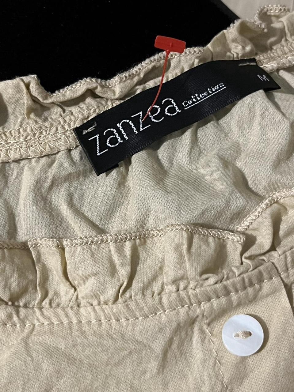 Zanzea Women’s Beige Solid Ruffle Round Neck Puff Sleeve Button Blouse Size M