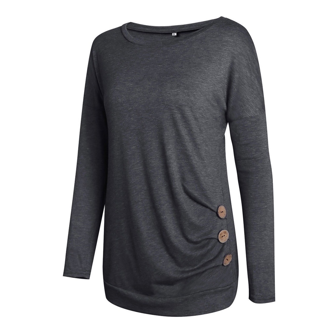 Tunic Shirt Womens M Gray Long Sleeve Boat Neck Side Button Accent Ruched