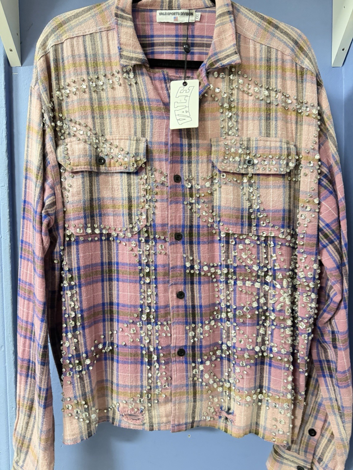 Vale Spiderweb Flannel Purple XXL Pink Plaid Flannel Button-Up Rhinestone New