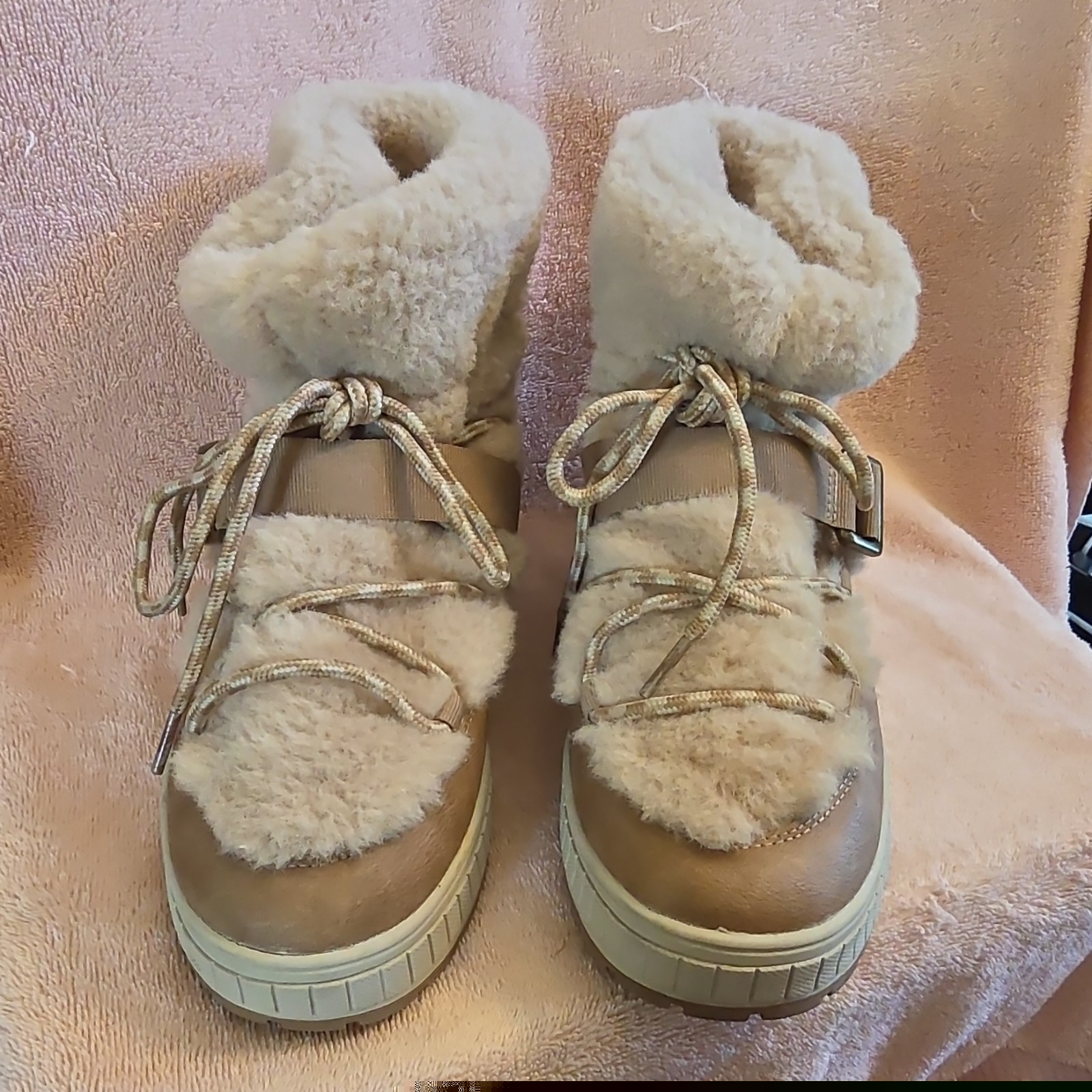 Moon Boot Shearling Fur Trim Lace Up Buckle Mid-Calf Snow Boots Beige Women
