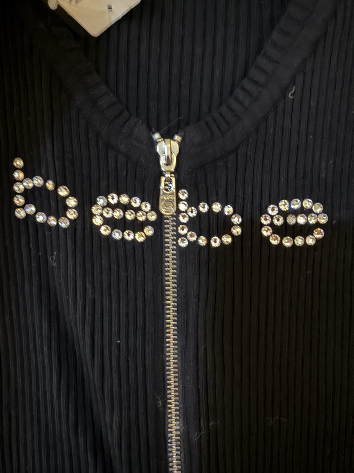 bebe Black Ribbed V-Neck Tank with Embellished Logo Swarovski’s