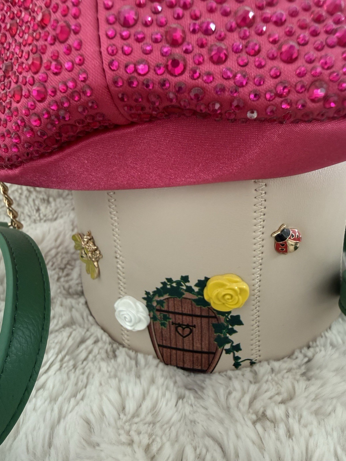 Betsey Johnson Mushroom Crossbody Bag Polka Dot Rhinestones Butterfly Charm Zip