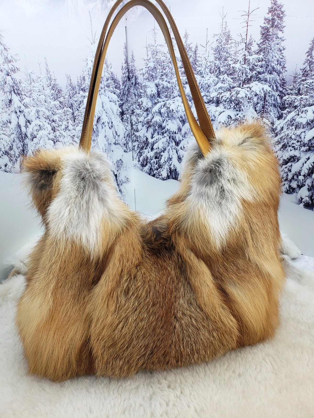 Real fur tote bag Big red fox fur shopper bag Women purse Gift for women