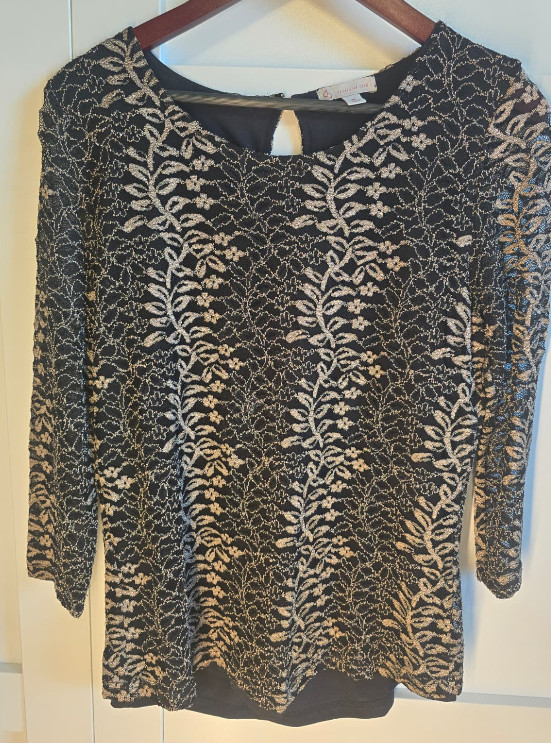 DressBarn Womens Lace Overlay Blouse Medium Black Beige 3/4 Sleeve Career Top