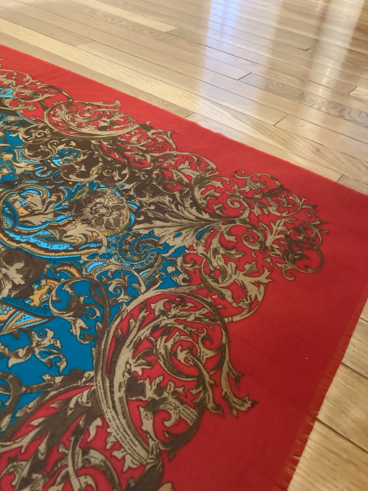 Vintage AS Made in Turkiye Scarf Shawl 46″ Square Red Blue Baroque Floral Large
