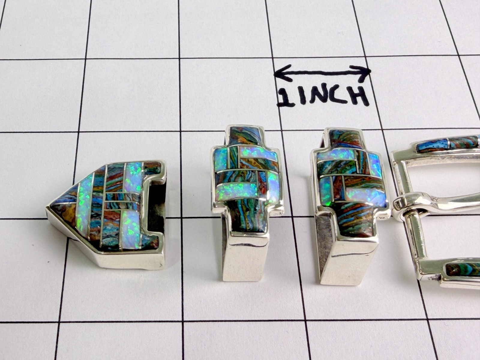 Sterling Silver Ranger Rainbow Calsilica Opal Stones Inlay Belt Buckle 40 Lizard