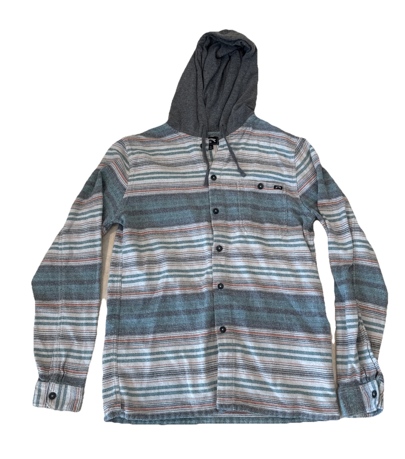 Billabong Baja Flannel Button Up Jacket Shacket Sz L Blue Green Striped Hooded