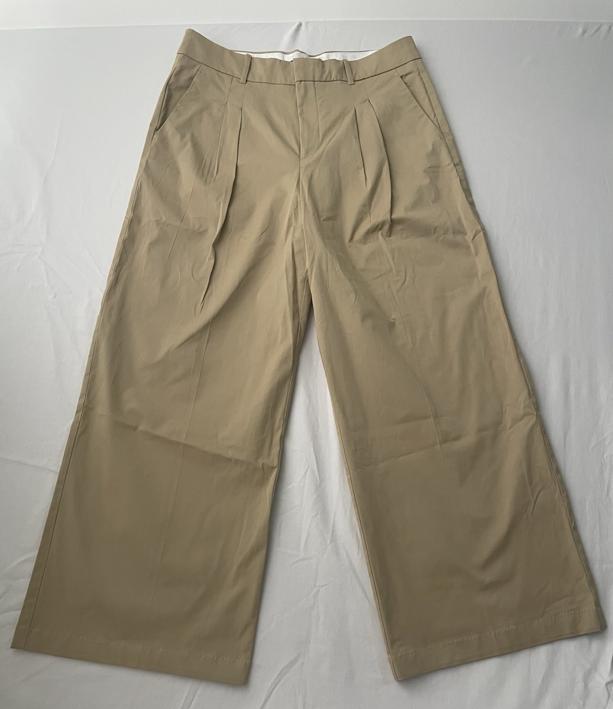 MNG Women’s Beige Pleated High Rise Wide-Leg Khaki Pants, Size 10