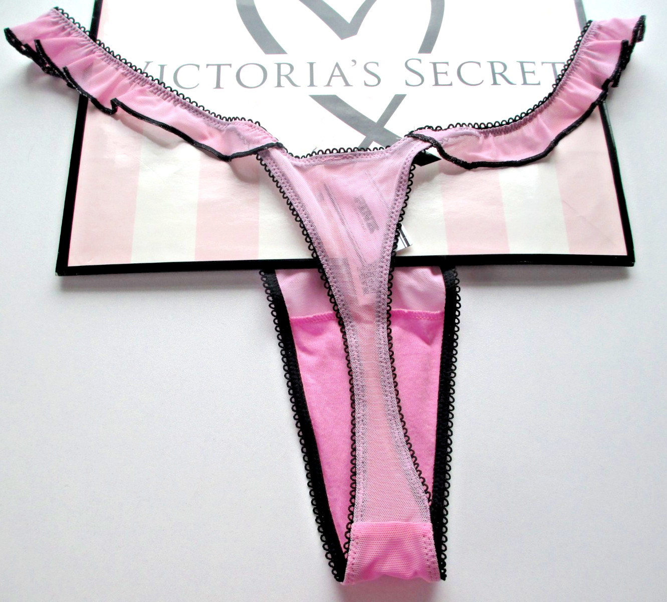 VICTORIA’S SECRET PINK High Leg Thong Panty S M L Pink Black NWT Ruffle Mesh VS
