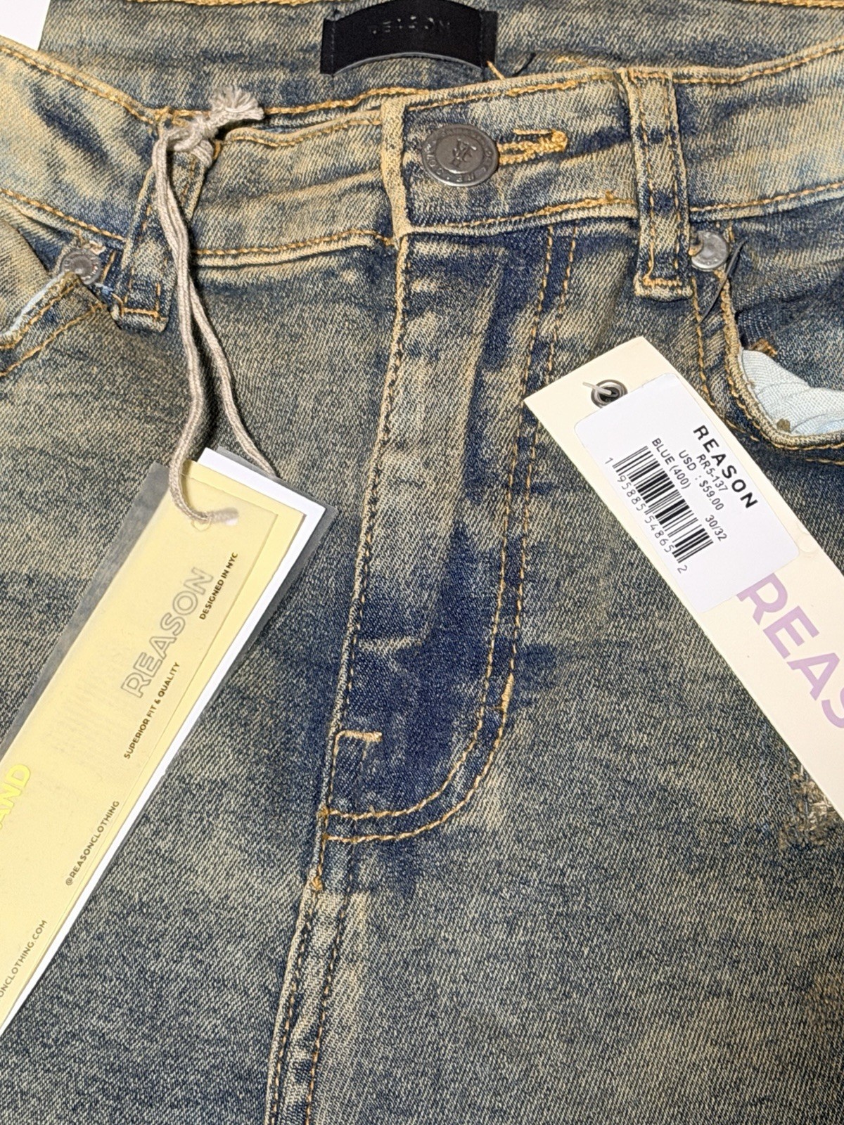 Reason Men’s Blue Light Wash Distressed Skinny Denim Jeans 5-Pocket size-30