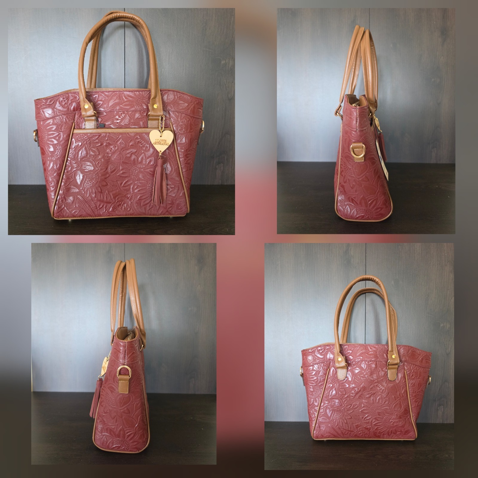 Sunflower Red Wine Brown Embossed Tooled Artisan Mexican LEATHER Purse Handbag