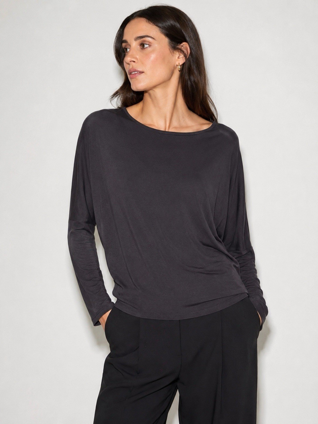 Vince XS Black Mixed Media Boat Neck Top Silk Back Viscose Front Long Sleeve