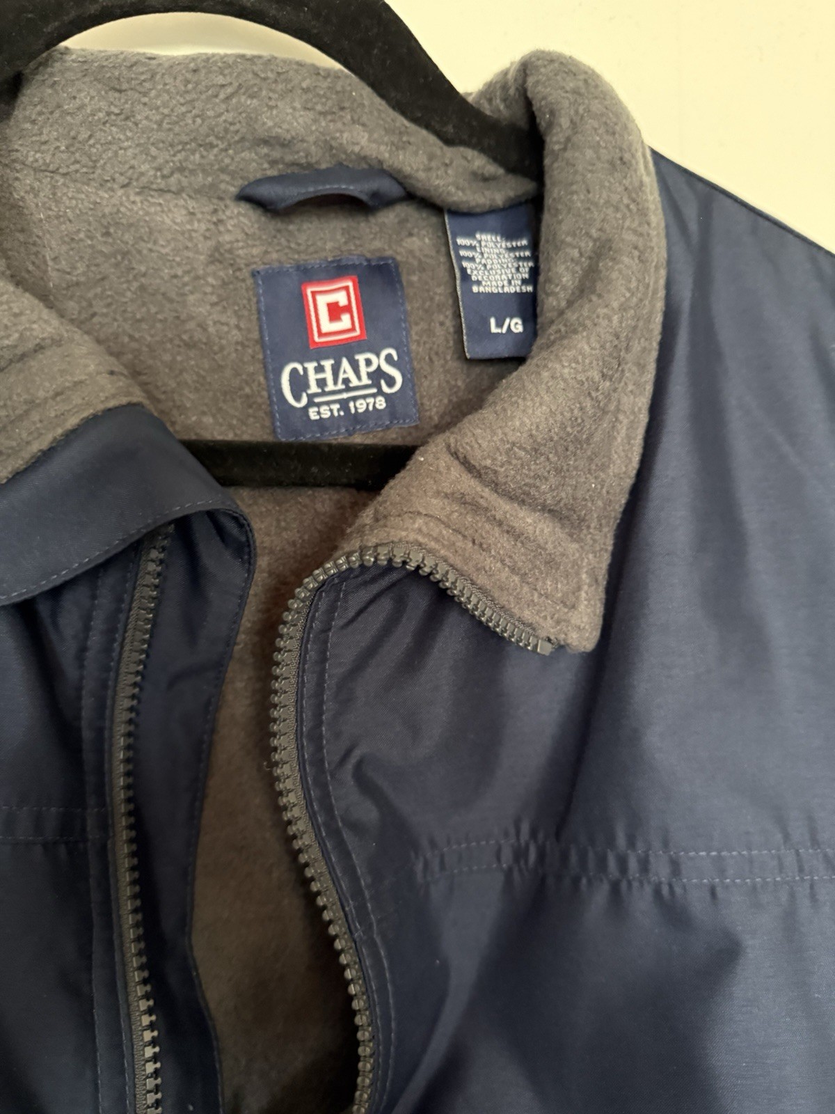 Chaps Blue/Gray Full Zip Lined Vest Logo Point Collar Regular Fit Size L
