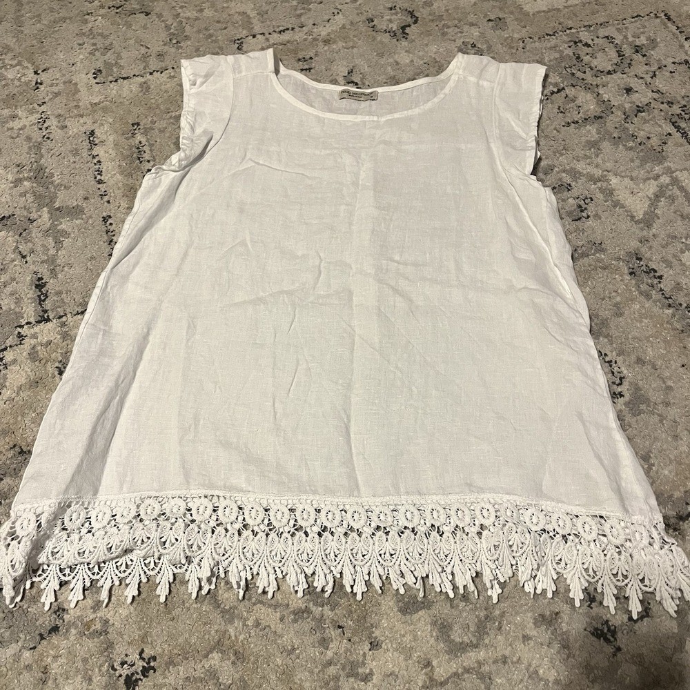 Terzo Millennio Women M Linen Blouse White Crocheted Lace Trim Made In Italy