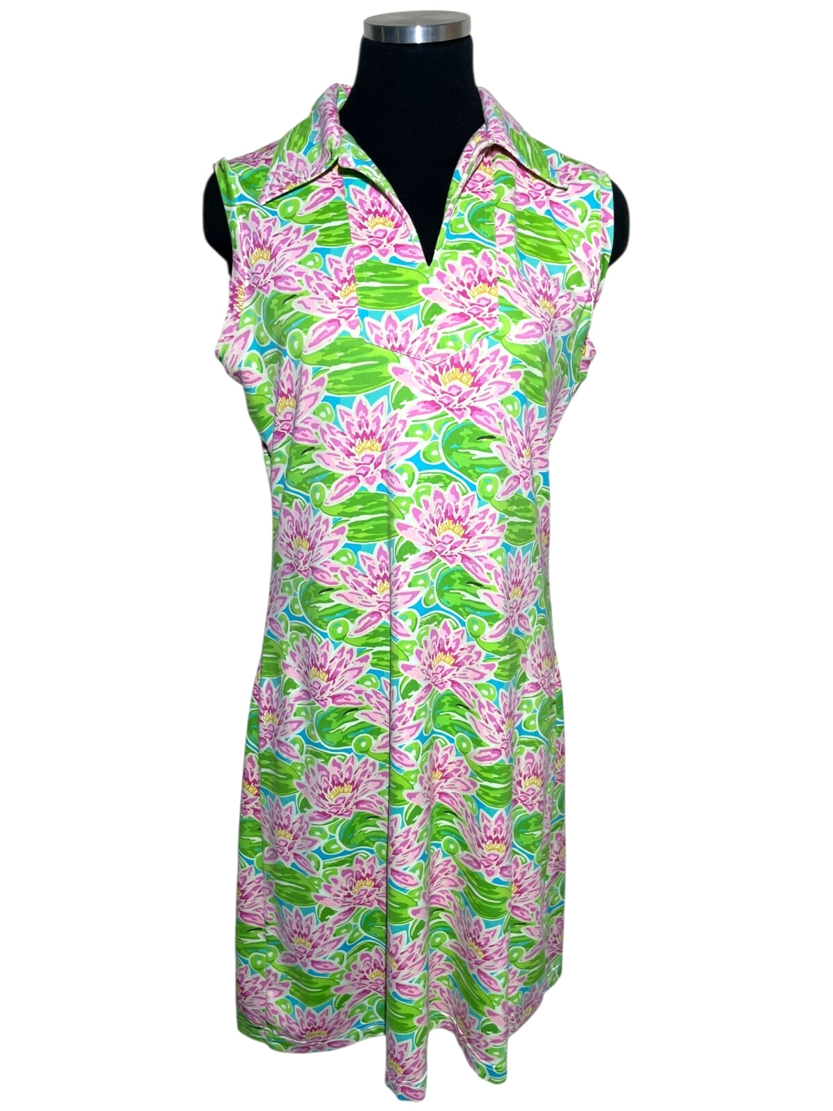 Barbara Gerwit Dress M Green Pink Floral Sleeveless Stretch Lilly Pad Preppy