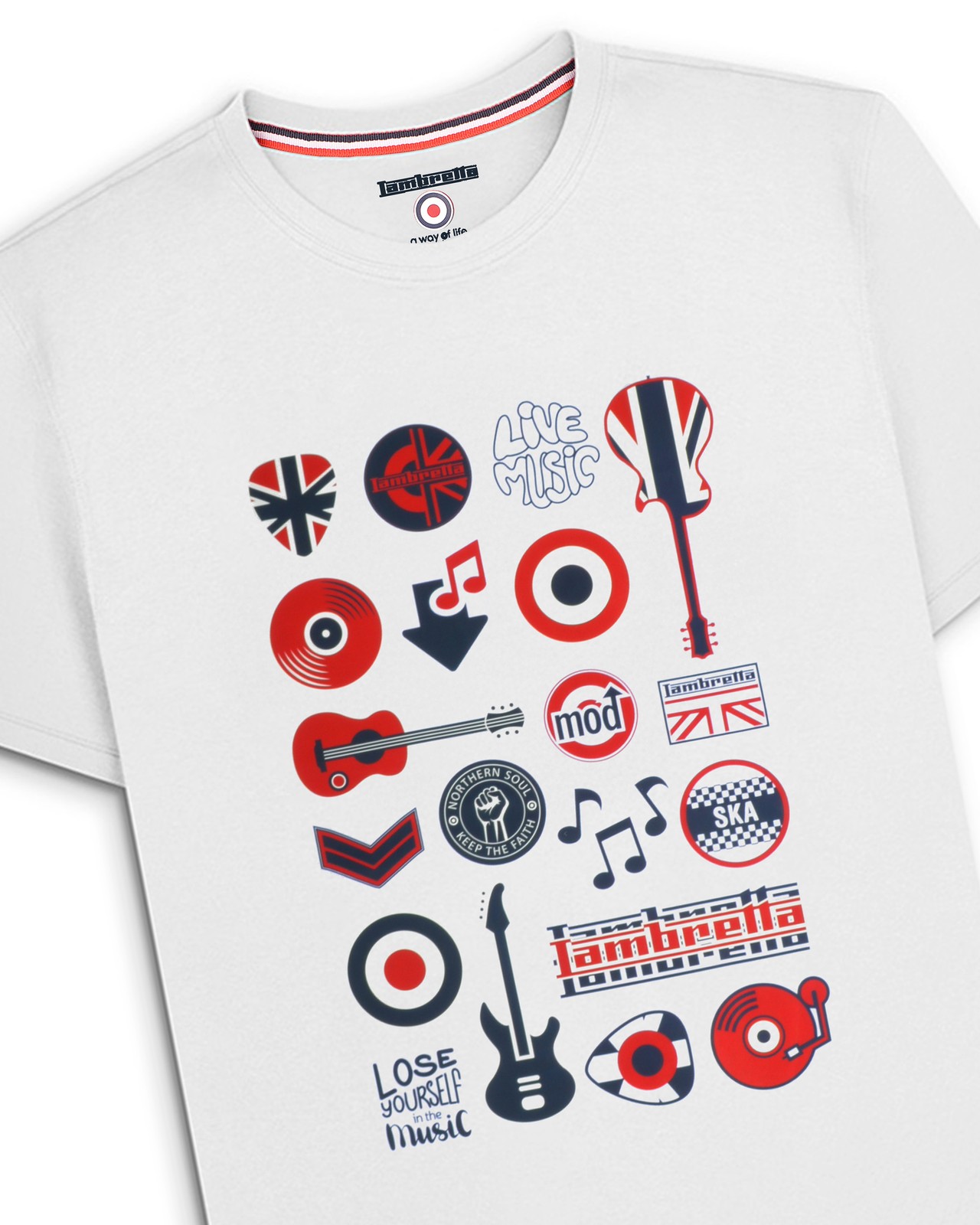 Lambretta Mens White Classic Carnaby Music Graphic Casual T-Shirt