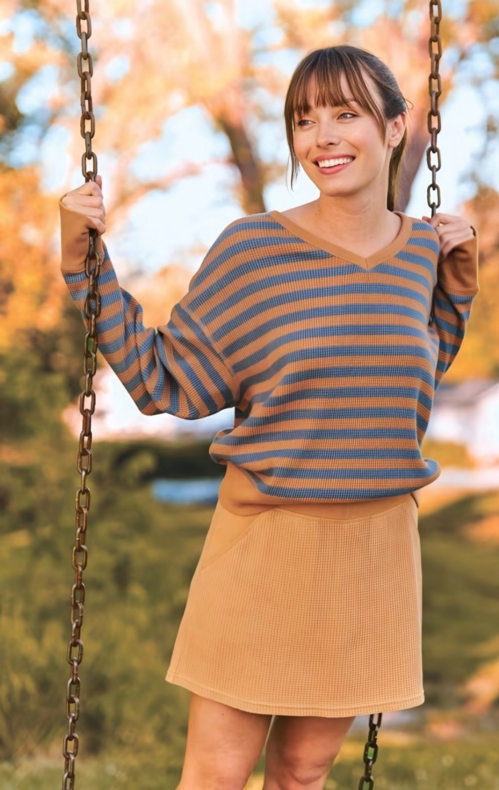 Natural Reflections Waffle V-Neck Pullover Womens Top Flint Stripe Size Small S