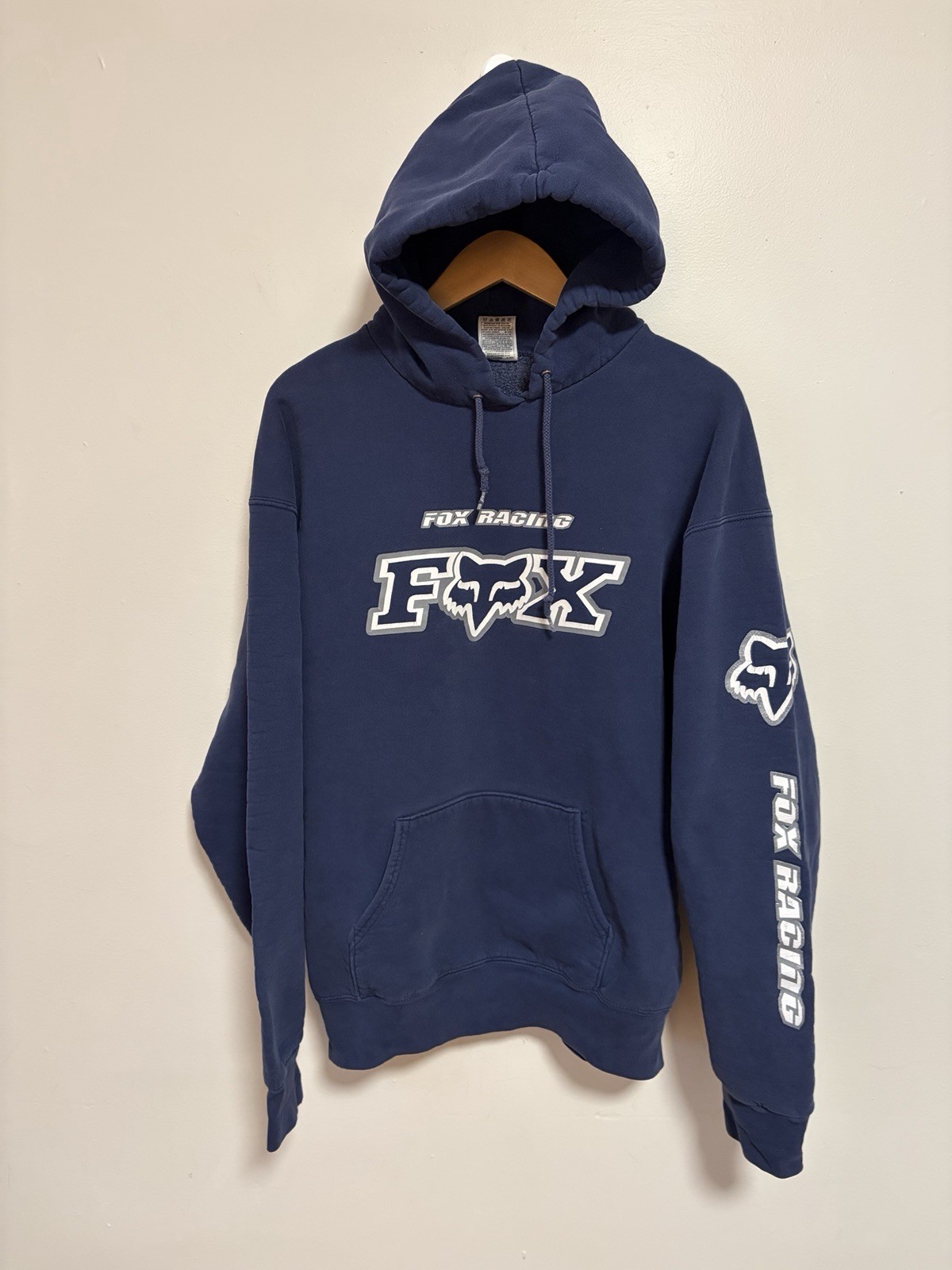 Vintage 90s Fox Racing Faded Blue Flame Hoodie Sweatshirt Men’s Size XL