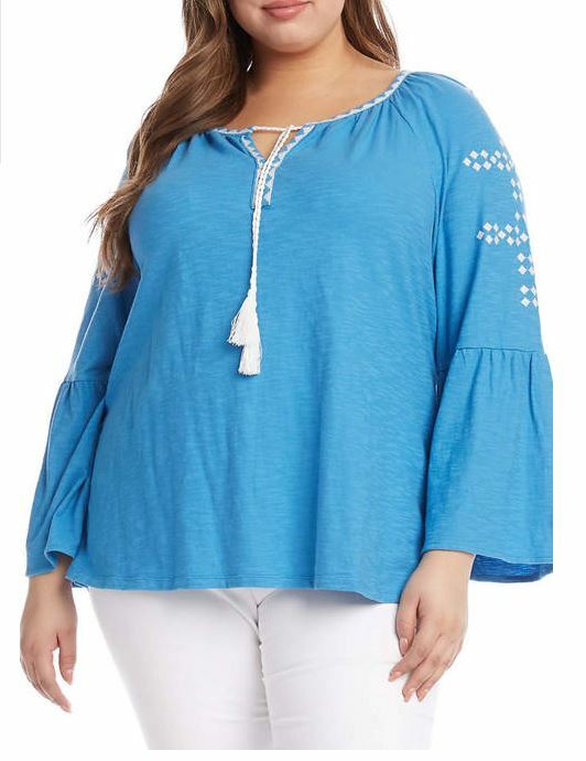 Karen Kane Plus Blue Embroidered Bell Sleeve Top Blouse Plus 1X Retail $129