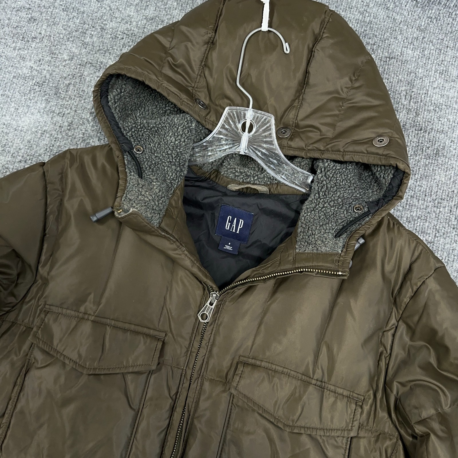 GAP Parka Coat Men Small Olive Green Military Puffer Jacket Down Hood Lined