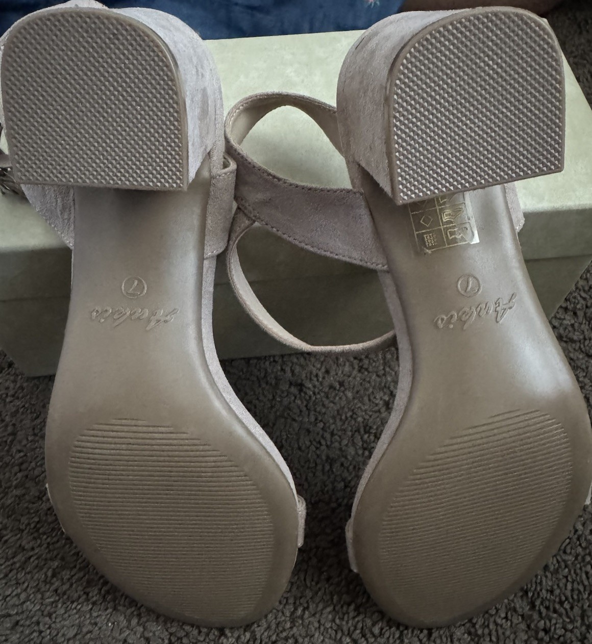 Ame Women’s US 7 Beige Faux Suede Open Toe Ankle Strap Block Heel Sandals