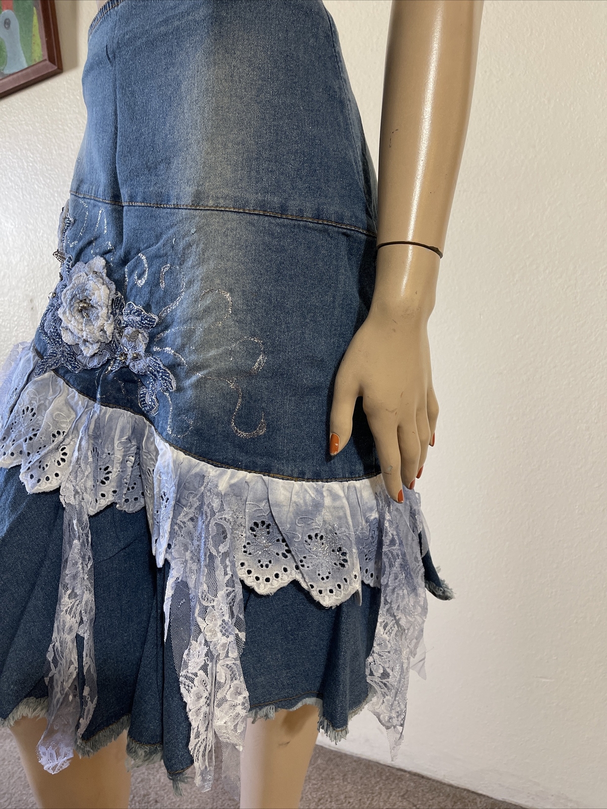 Blue Denim Beaded Embroidery Lace Ruffle Midi Zip Size XL(10-12) Skirt 905
