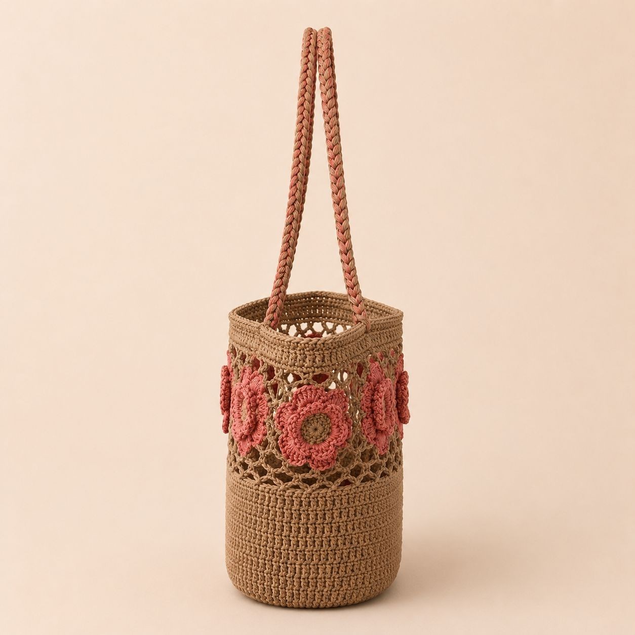 Handmade Crochet Beach Tote Bag Pink Floral Straw Shoulder Bag Boho Summer