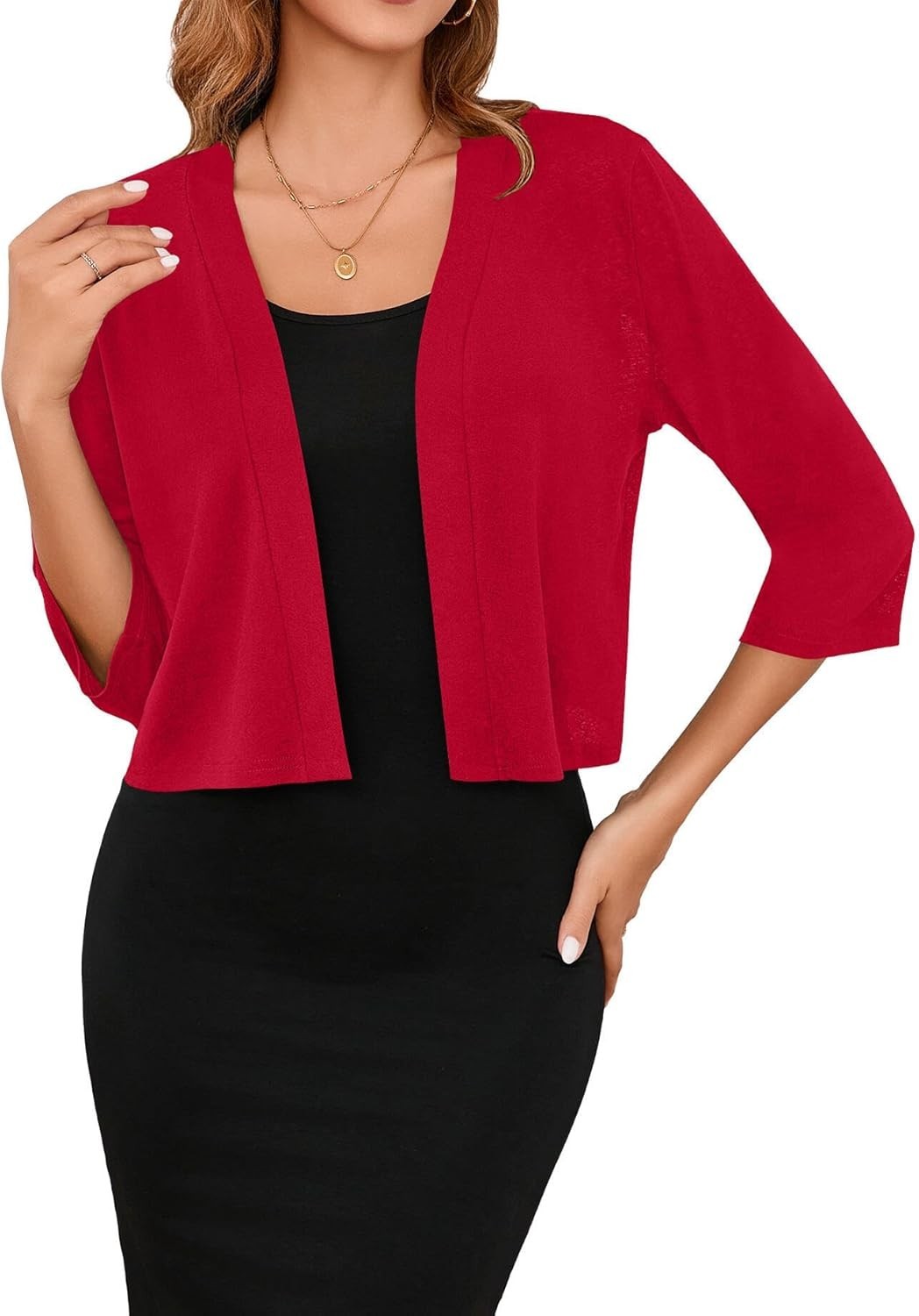 3/4 Sleeve Lightweight Open Front Cropped Cardigan Shrug for Women Summer Knit
