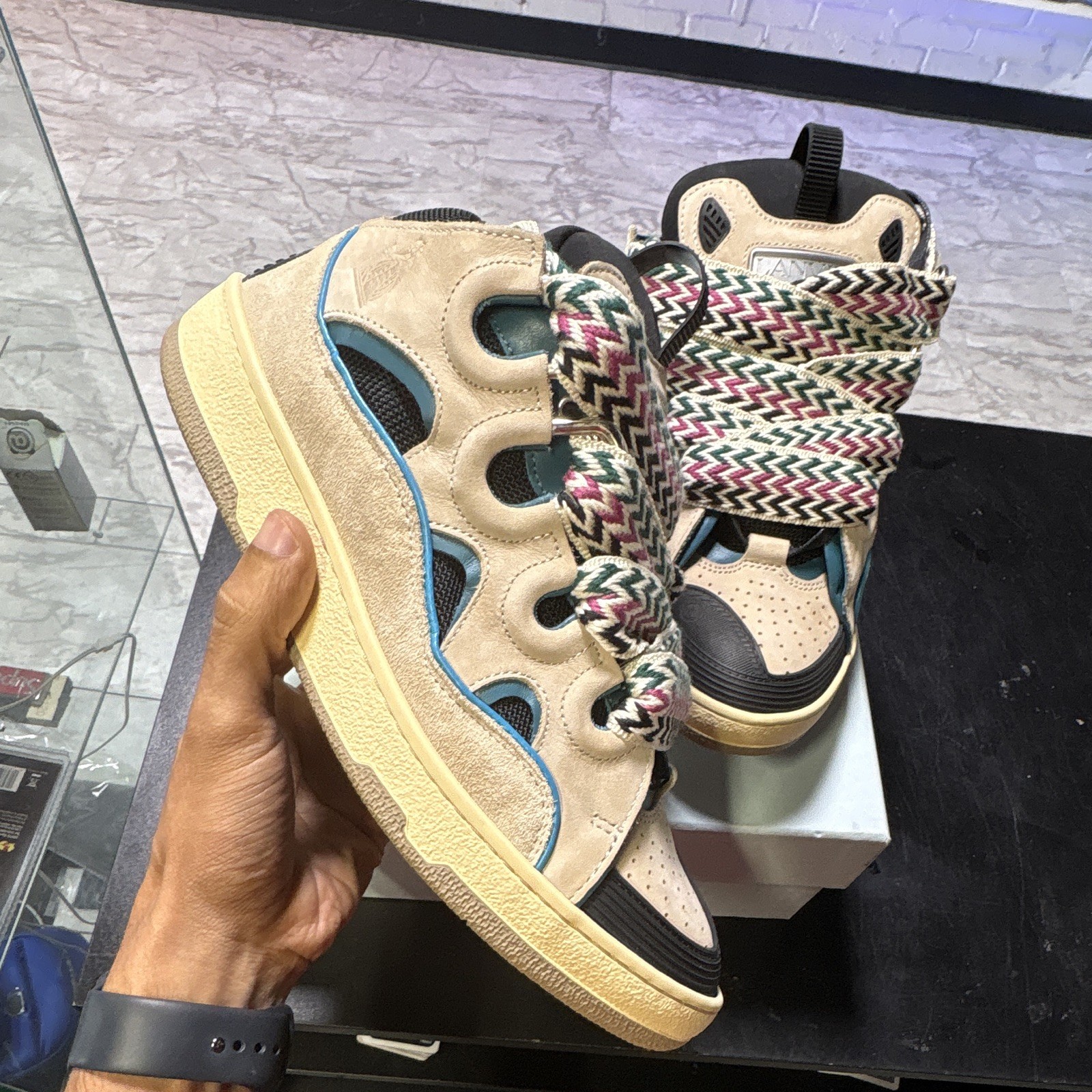 LANVIN Men’s High-Top Sneakers Beige/Black Chevron Multicolor Laces New Box