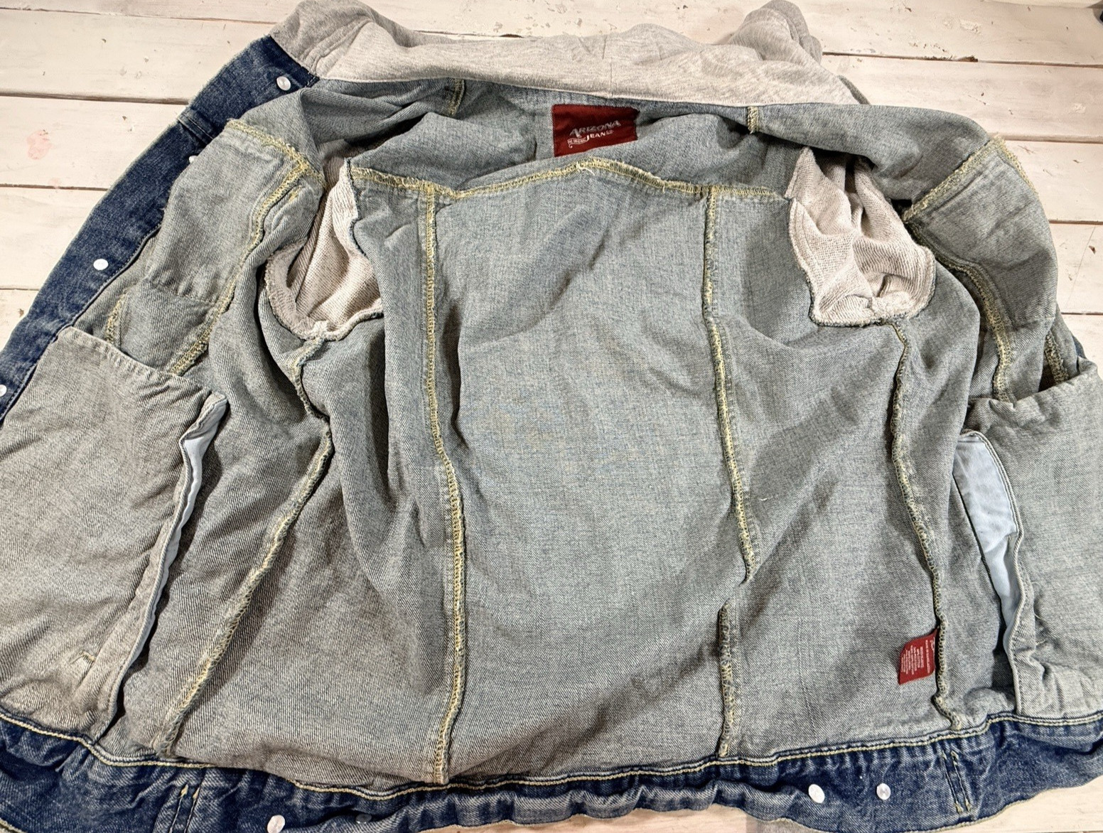 Arizona Jean Hooded Jacket Sz S Denim Button Up Blue Hybrid Trucker Distressed