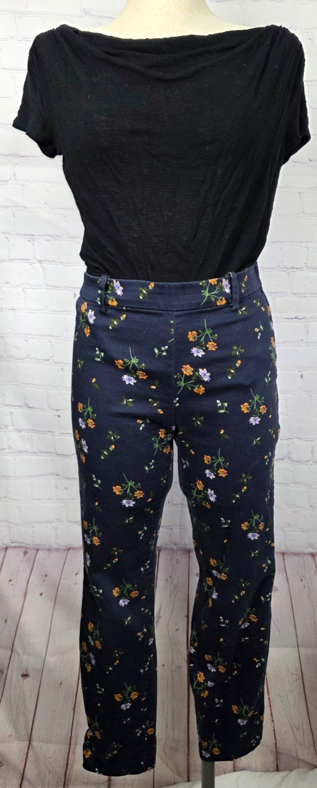 H&M Chino Pants Navy Blue Floral Slacks Stretch Side Zip Casual Career Preppy 8