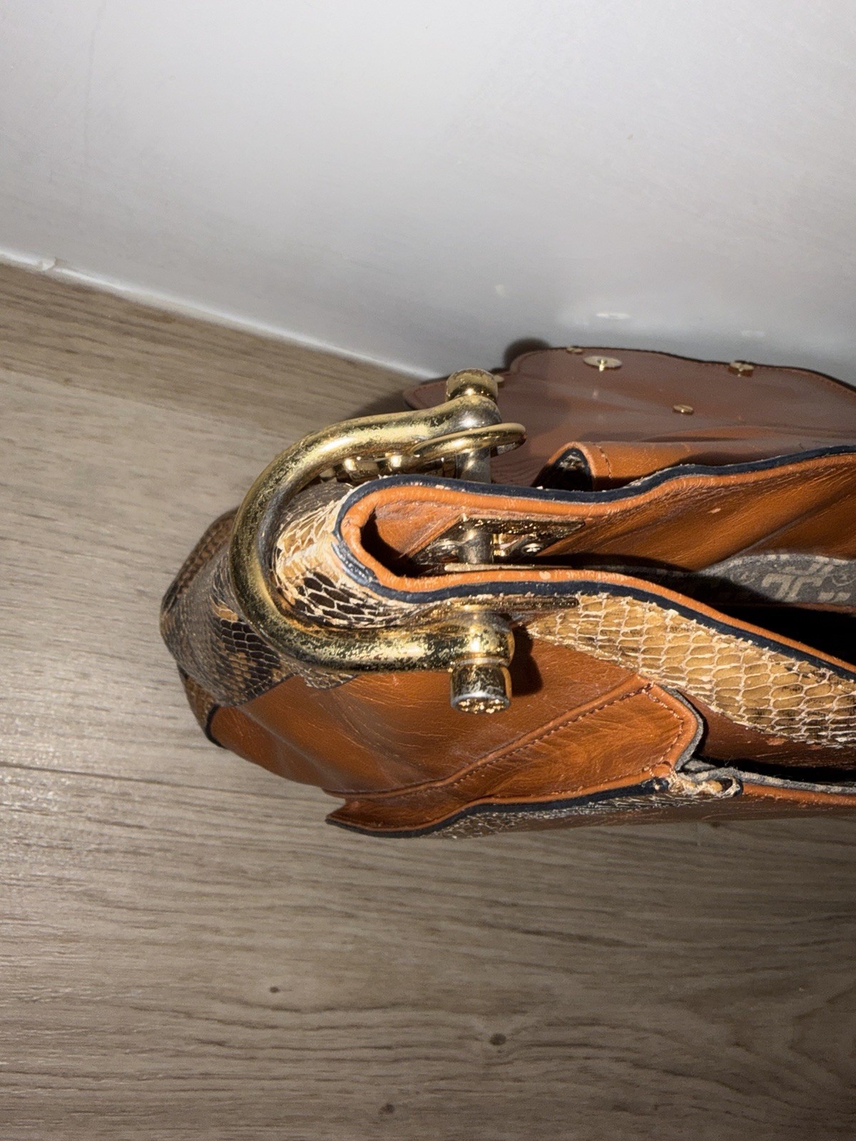TORY BURCH COGNAC & EXOTIC LEATHER CHAINED STRAP SHOULDER HANDBAG