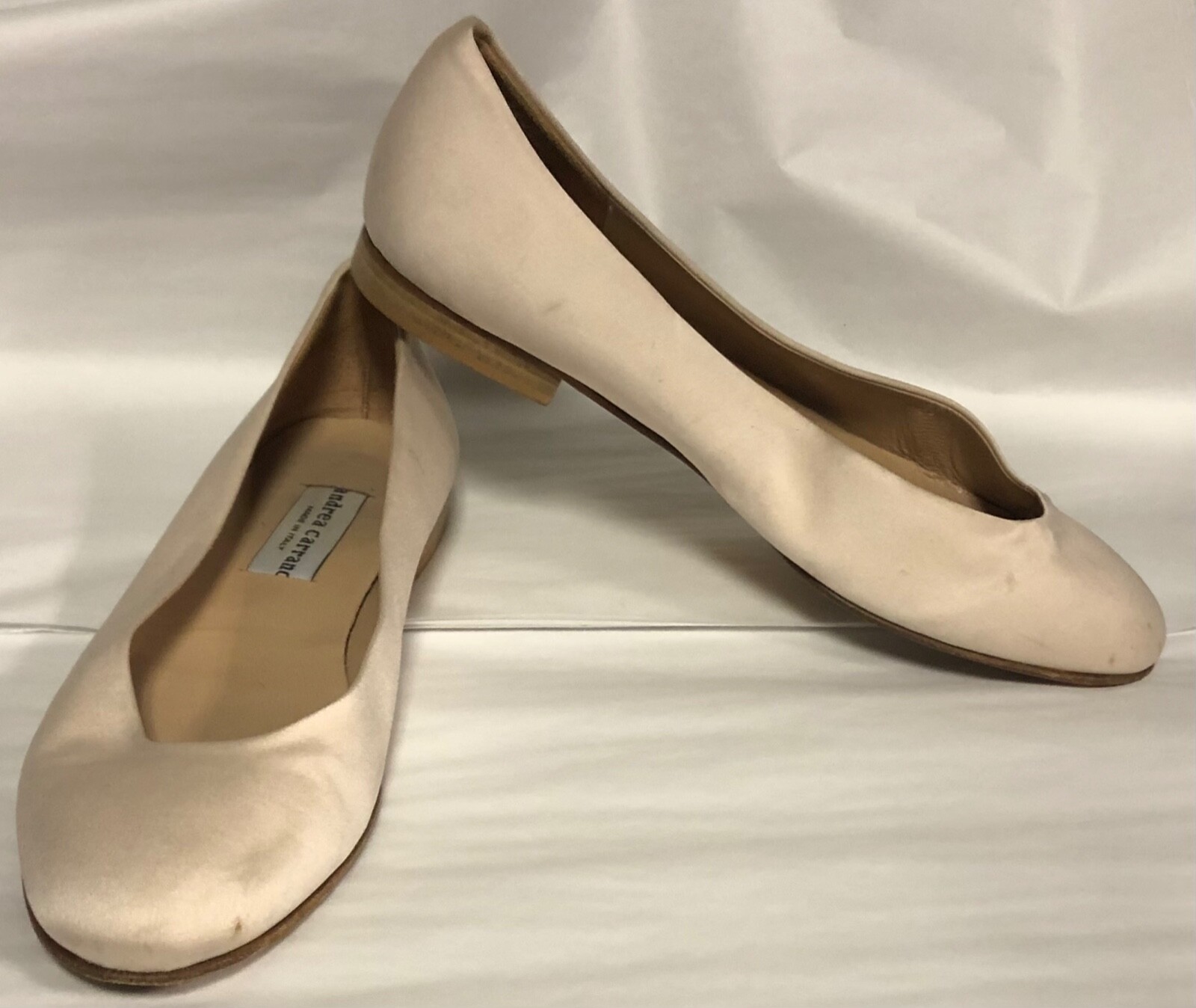 ANDREA CARRANO LIGHT BLUSH PINK SATIN BEIGE LEATHER LINED ITALY BALLET FLATS 8.5
