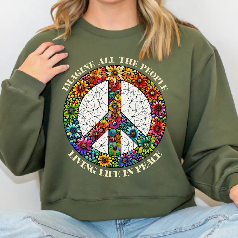 Boho Peace Sign Sweatshirt Hippie Style Women’s Crewneck Top