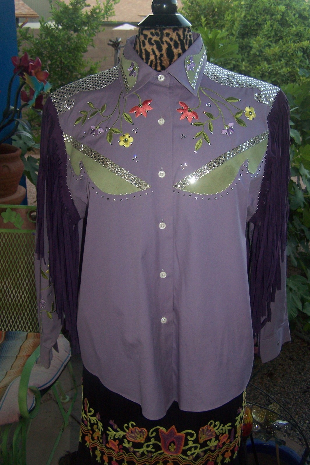 XL Western Custom Embroidered Fringe Rhinestone Cowgirl Boot Rodeo Queen Blouse
