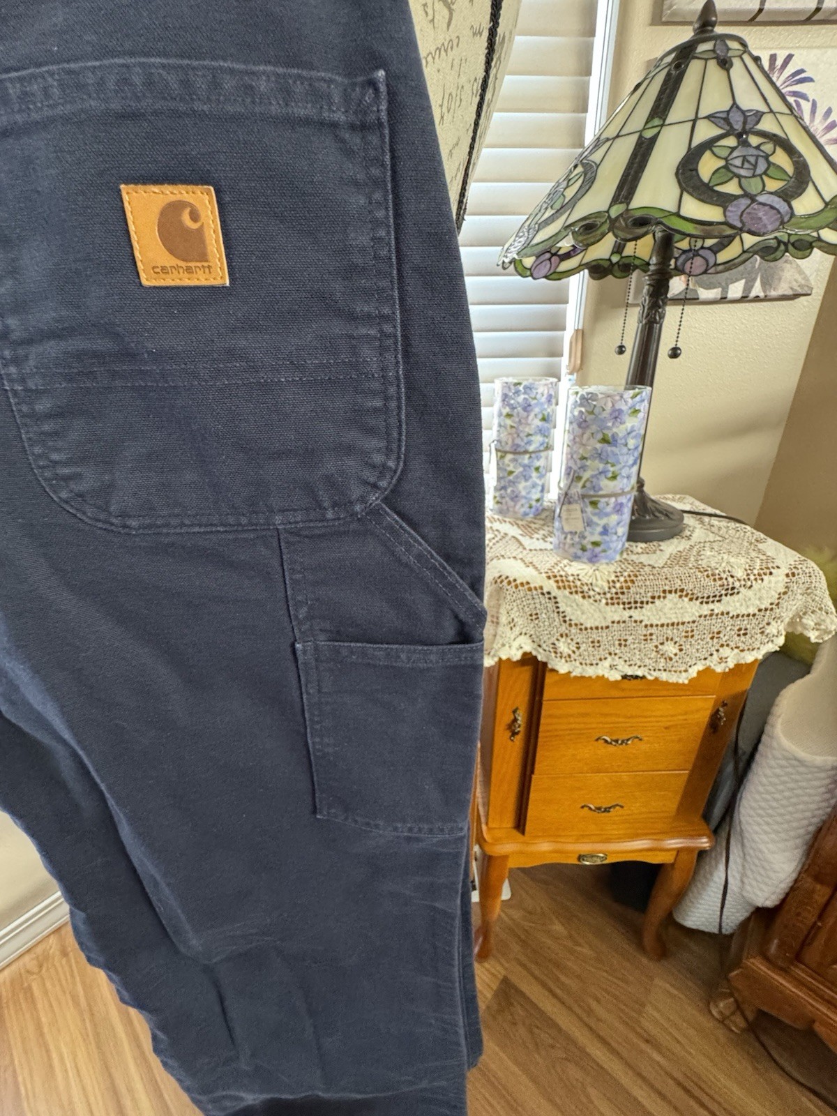 CARHARTT MENS 36X30 NAVY COTTON DENIM CARPENTER PANTS, FLAT FRONT, SLANT POCKETS